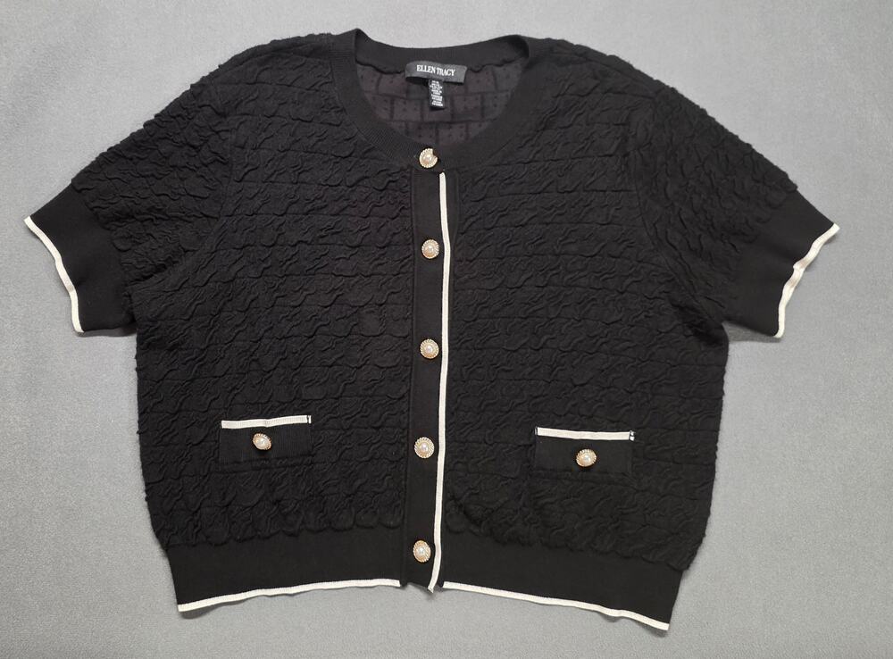 Ellen Tracy Cardigan Sweater Short Sleeve Black White Trim Pearl Button XL Money